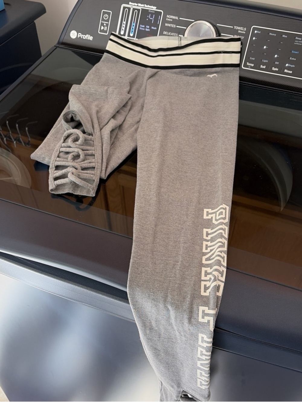 Victoria's Secret Grey Leggings with Striped Waistband and Side Logo